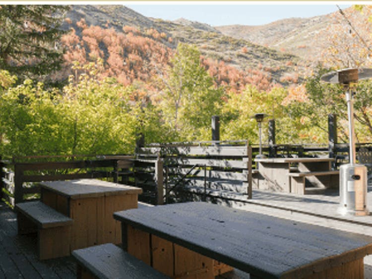 The upper patio at Emigration Brewing Co. looking out over Emigration Canyon